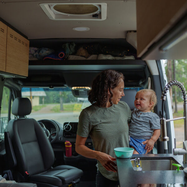Mom and baby in campervan