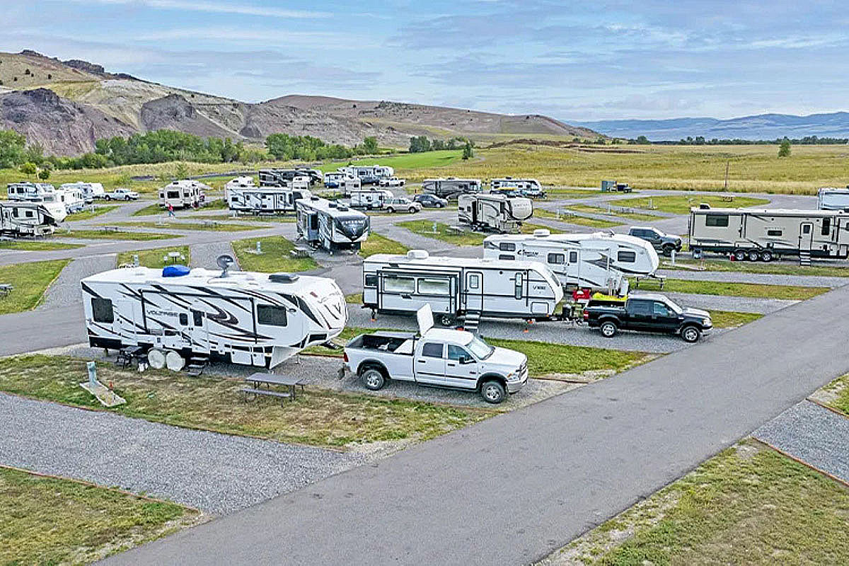 RVs parked in a resort setting.